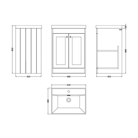 [BFHE125E] Balterley 600mm Floor Standing 2 Door Unit with Thin Edge Basin 1 Tap Hole - Satin White - Technical Drawing