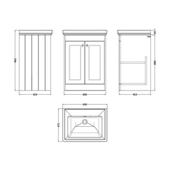 [BFHE125H] Balterley 600mm Floor Standing 2 Door Unit with Classic Basin No Tap Hole - Satin White - Technical Drawing