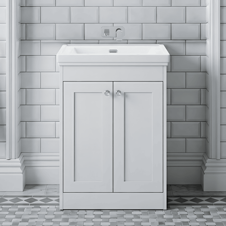 [BFHE125H] Balterley 600mm Floor Standing 2 Door Unit with Classic Basin No Tap Hole - Satin White - Silo