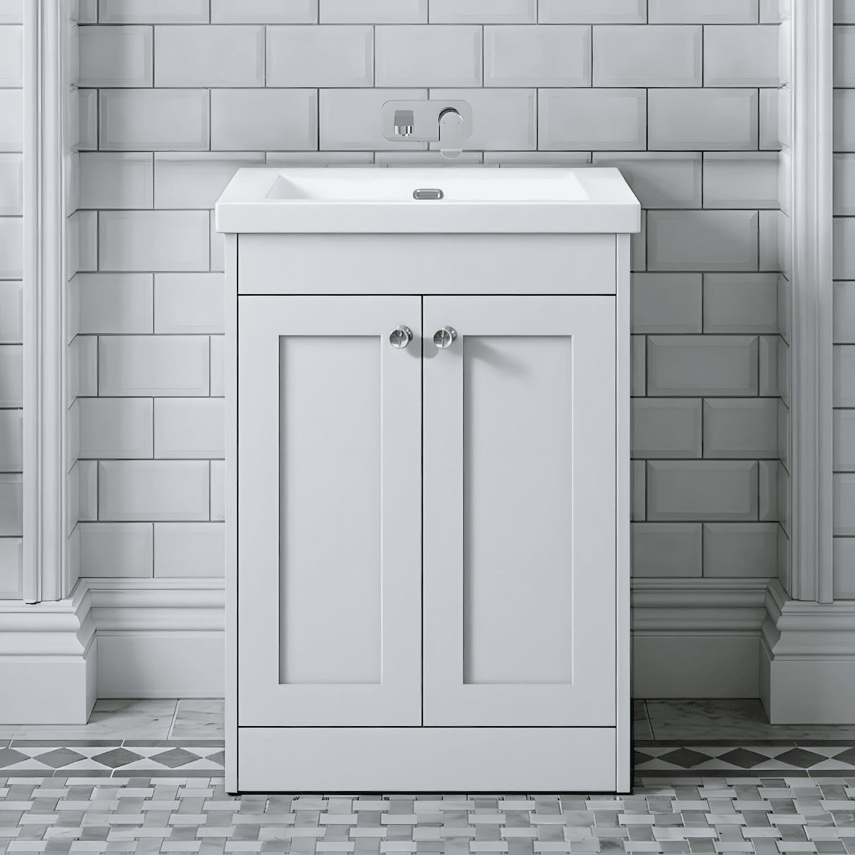[BFHE125K] Balterley 600mm Floor Standing 2 Door Unit with Minimalist Basin No Tap Hole - Satin White - Silo