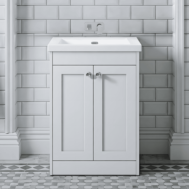 [BFHE125K] Balterley 600mm Floor Standing 2 Door Unit with Minimalist Basin No Tap Hole - Satin White - Silo