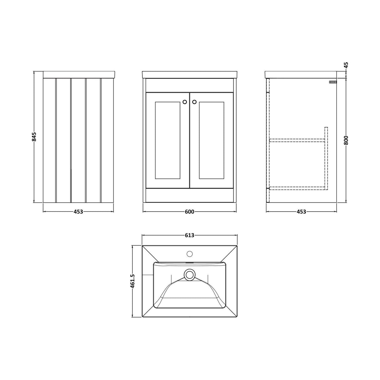 [BFHE125L] Balterley 600mm Floor Standing 2 Door Unit with Minimalist Basin 1 Tap Hole - Satin White - Technical Drawing