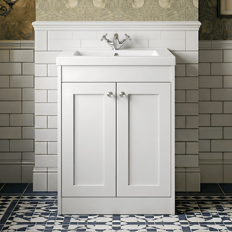 [BFHE125L] Balterley 600mm Floor Standing 2 Door Unit with Minimalist Basin 1 Tap Hole - Satin White - Silo