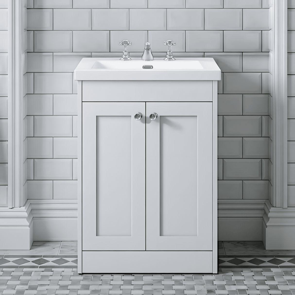 [BFHE125M] Balterley 600mm Floor Standing 2 Door Unit with Minimalist Basin 3 Tap Hole - Satin White - Silo