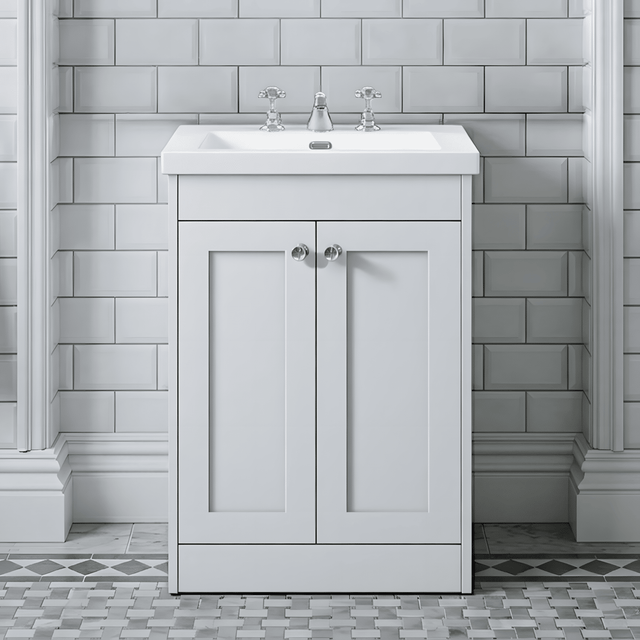 [BFHE125M] Balterley 600mm Floor Standing 2 Door Unit with Minimalist Basin 3 Tap Hole - Satin White - Silo