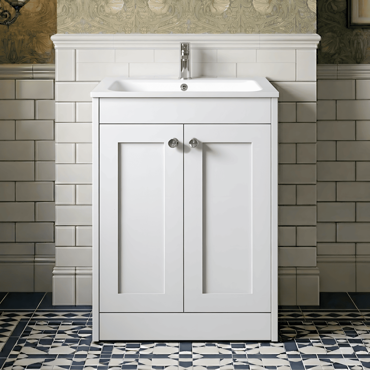 [BFHE125P] Balterley 600mm Floor Standing 2 Door Unit with Stone Basin 1 Tap Hole - Satin White - Silo