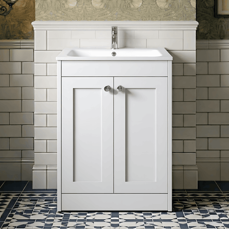 [BFHE125P] Balterley 600mm Floor Standing 2 Door Unit with Stone Basin 1 Tap Hole - Satin White - Silo
