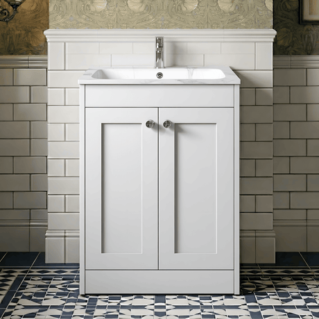 [BFHE125Q] Balterley 600mm Floor Standing 2 Door Unit & Stone Basin 1 Tap Hole - Satin White - Silo