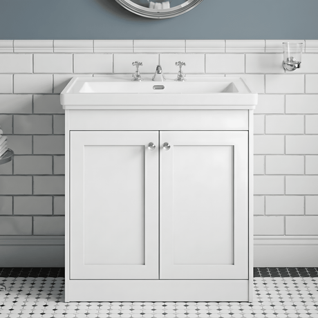 [BFHE126B] Balterley 800mm Floor Standing 2 Door Unit with Classic Basin 3 Tap Hole - Satin White - Silo