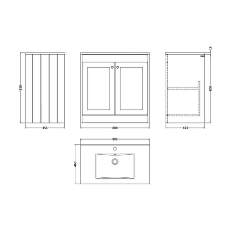 [BFHE126C] Balterley 800mm Floor Standing 2 Door Unit with Minimalist Basin 1 Tap Hole - Satin White - Technical Drawing