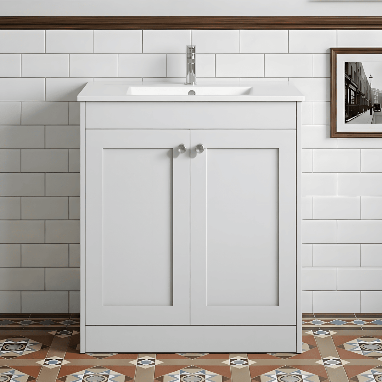 [BFHE126C] Balterley 800mm Floor Standing 2 Door Unit with Minimalist Basin 1 Tap Hole - Satin White - Silo