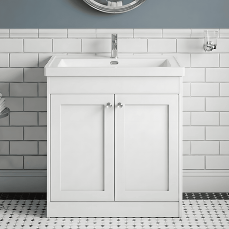 [BFHE126E] Balterley 800mm Floor Standing 2 Door Unit with Thin Edge Basin 1 Tap Hole - Satin White - Silo
