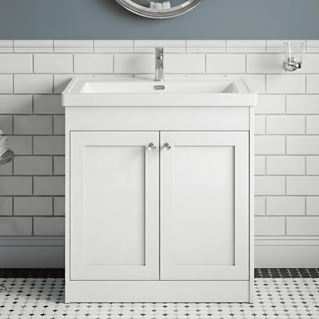 [BFHE126E] Balterley 800mm Floor Standing 2 Door Unit with Thin Edge Basin 1 Tap Hole - Satin White - Silo