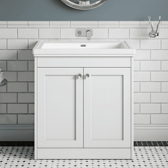 [BFHE126H] Balterley 800mm Floor Standing 2 Door Unit with Classic Basin No Tap Hole - Satin White - Silo