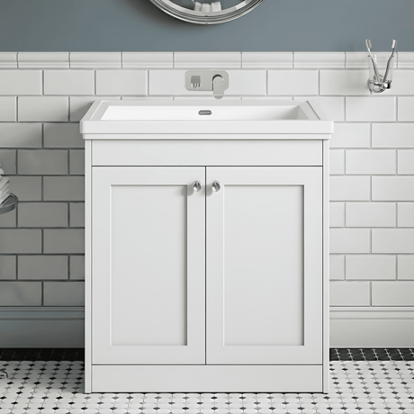 [BFHE126H] Balterley 800mm Floor Standing 2 Door Unit with Classic Basin No Tap Hole - Satin White - Silo