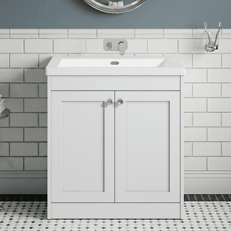 [BFHE126K] Balterley 800mm Floor Standing 2 Door Unit with Minimalist Basin No Tap Hole - Satin White - Silo