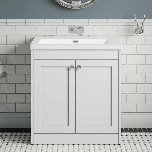 [BFHE126K] Balterley 800mm Floor Standing 2 Door Unit with Minimalist Basin No Tap Hole - Satin White - Silo
