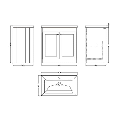 [BFHE126L] Balterley 800mm Floor Standing 2 Door Unit with Minimalist Basin 1 Tap Hole - Satin White - Technical Drawing