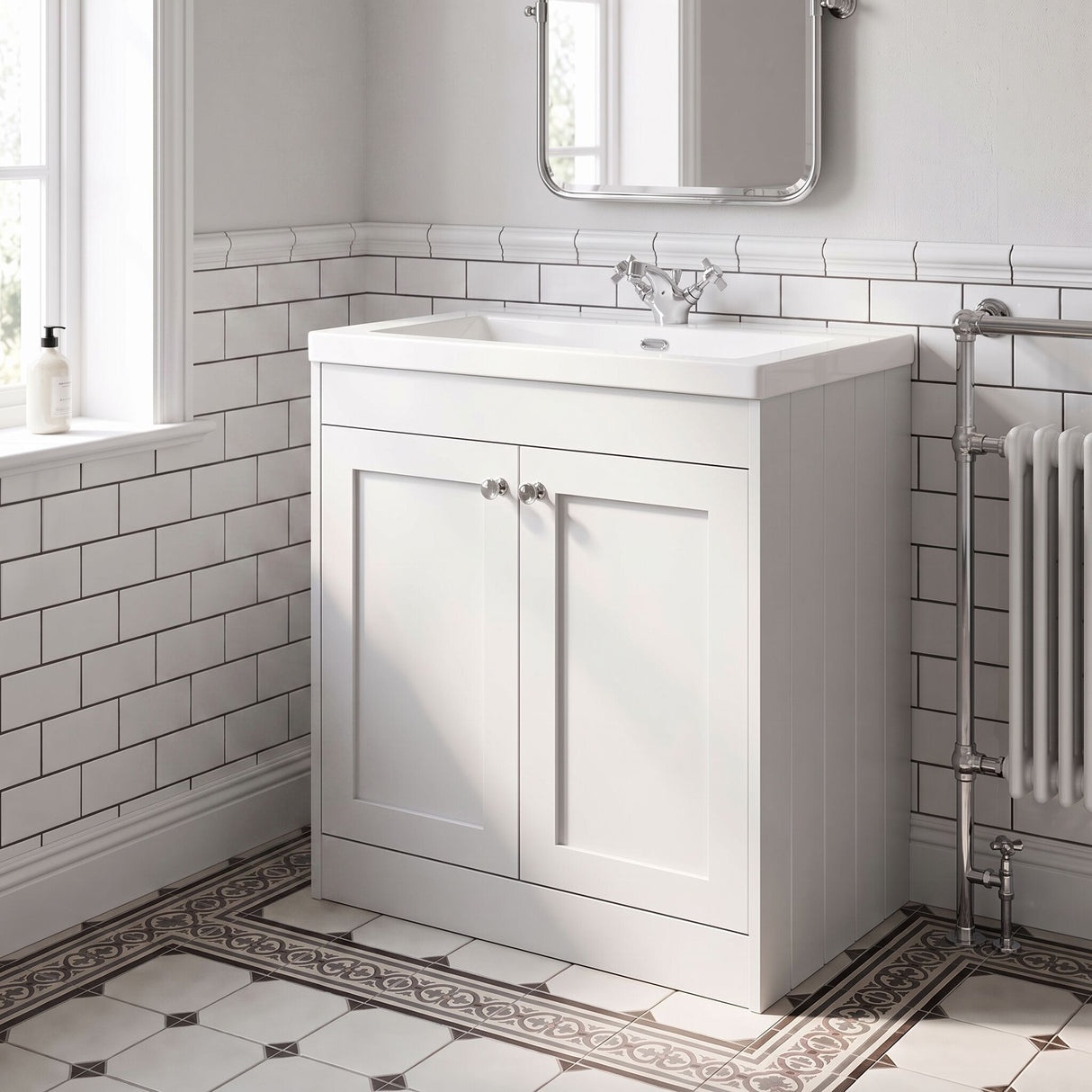 [BFHE126L] Balterley 800mm Floor Standing 2 Door Unit with Minimalist Basin 1 Tap Hole - Satin White - Lifestyle 1