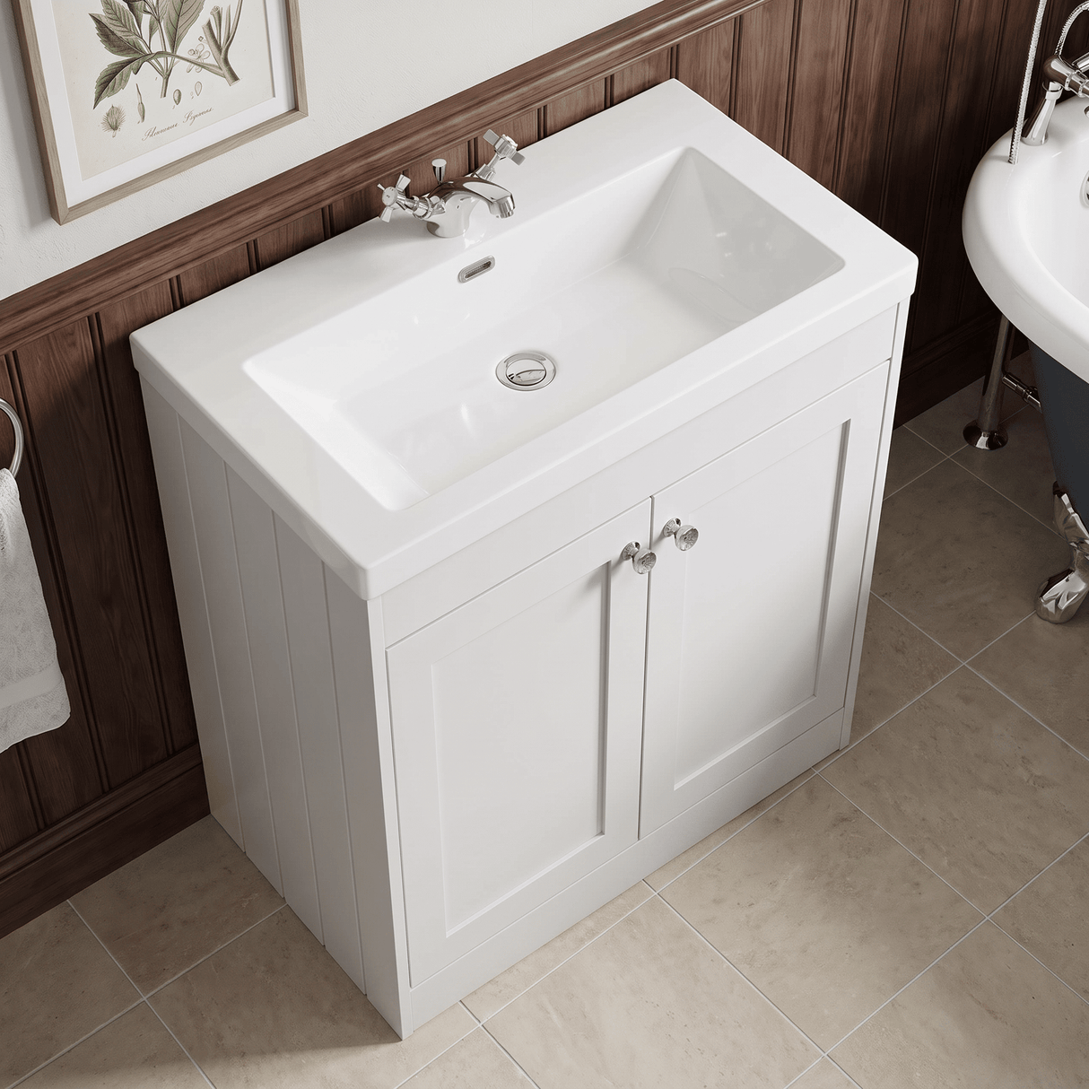 [BFHE126L] Balterley 800mm Floor Standing 2 Door Unit with Minimalist Basin 1 Tap Hole - Satin White - Lifestyle 2