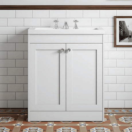[BFHE126M] Balterley 800mm Floor Standing 2 Door Unit with Minimalist Basin 3 Tap Hole - Satin White - Silo