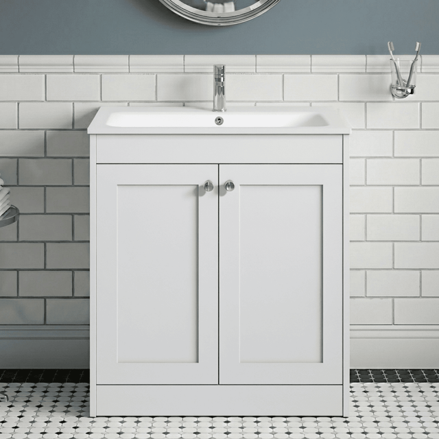 [BFHE126P] Balterley 800mm Floor Standing 2 Door Unit with Stone Basin 1 Tap Hole - Satin White - Silo