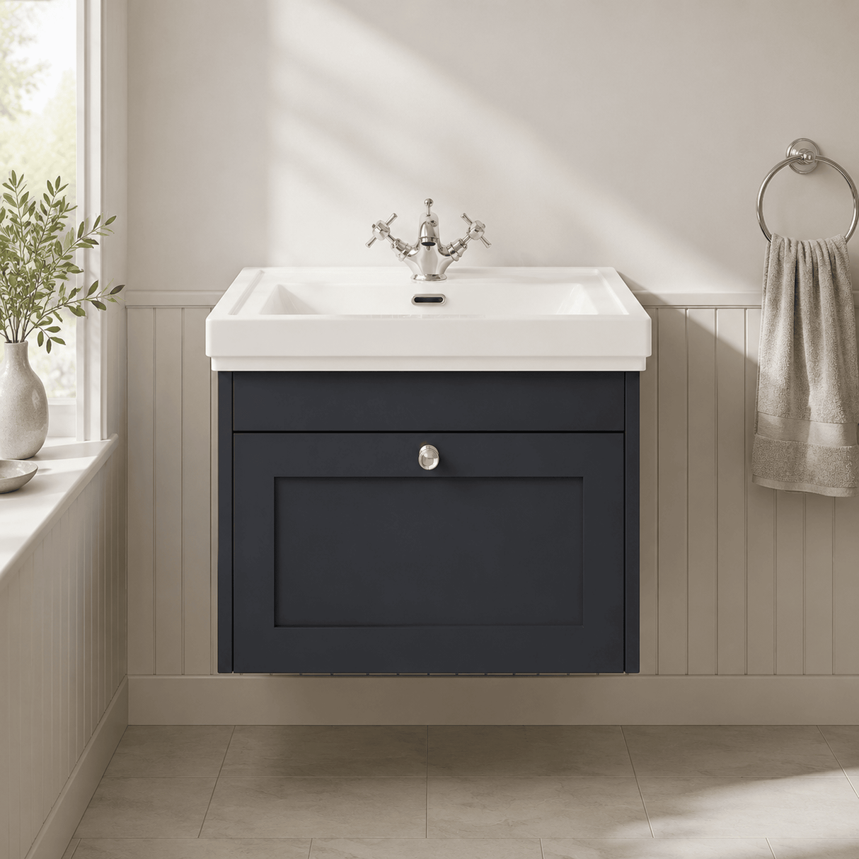 [BFHE1494A] Butterton Traditional 1 Drawer Wall Hung Vanity Unit with Classic Basin, Choice of Size and Colour