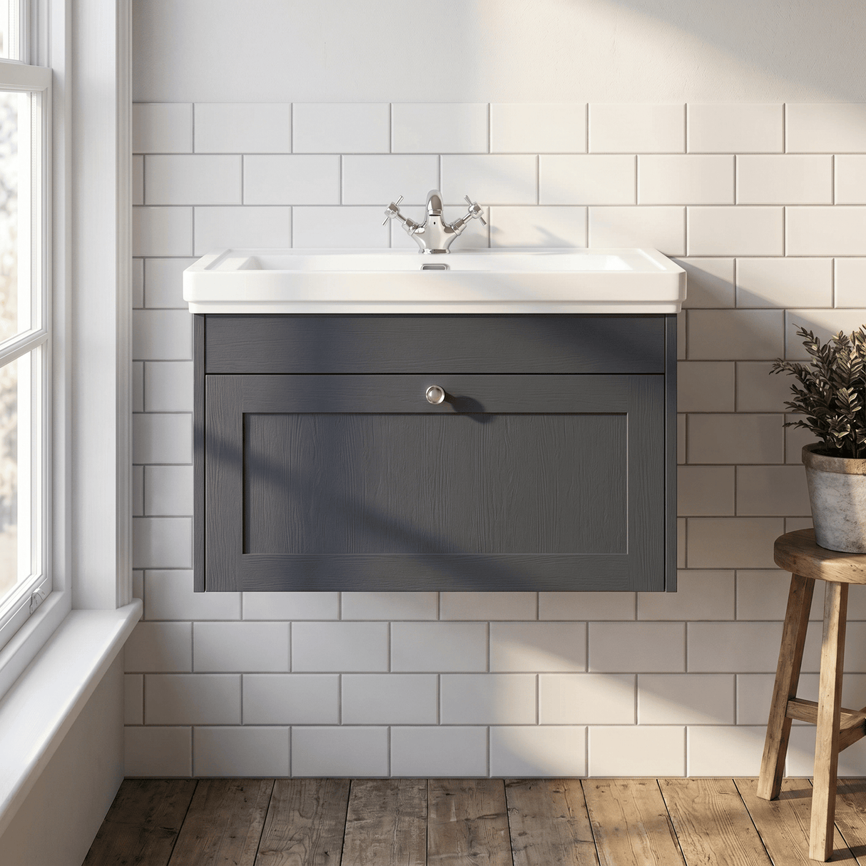 [BFHE1496A] Butterton Traditional 1 Drawer Wall Hung Vanity Unit with Classic Basin, Choice of Size and Colour - Silo