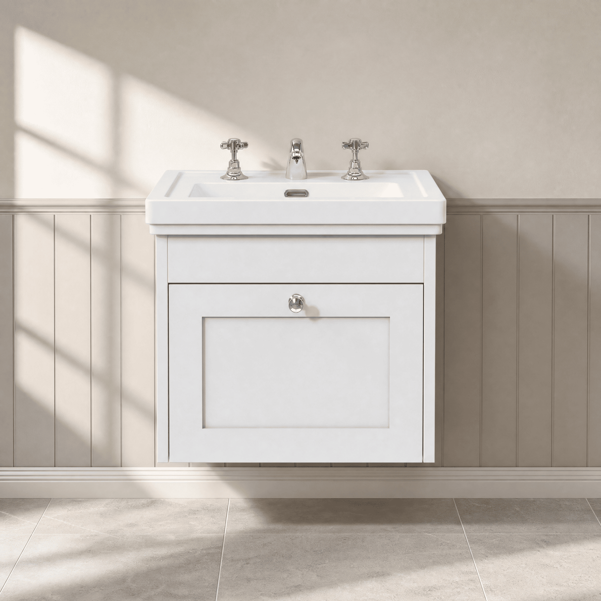 [BFHE191B] Balterley 500mm Wall Hung 1 Drawer Unit with Classic Basin 3 Tap Hole - Satin White - Lifestyle 1