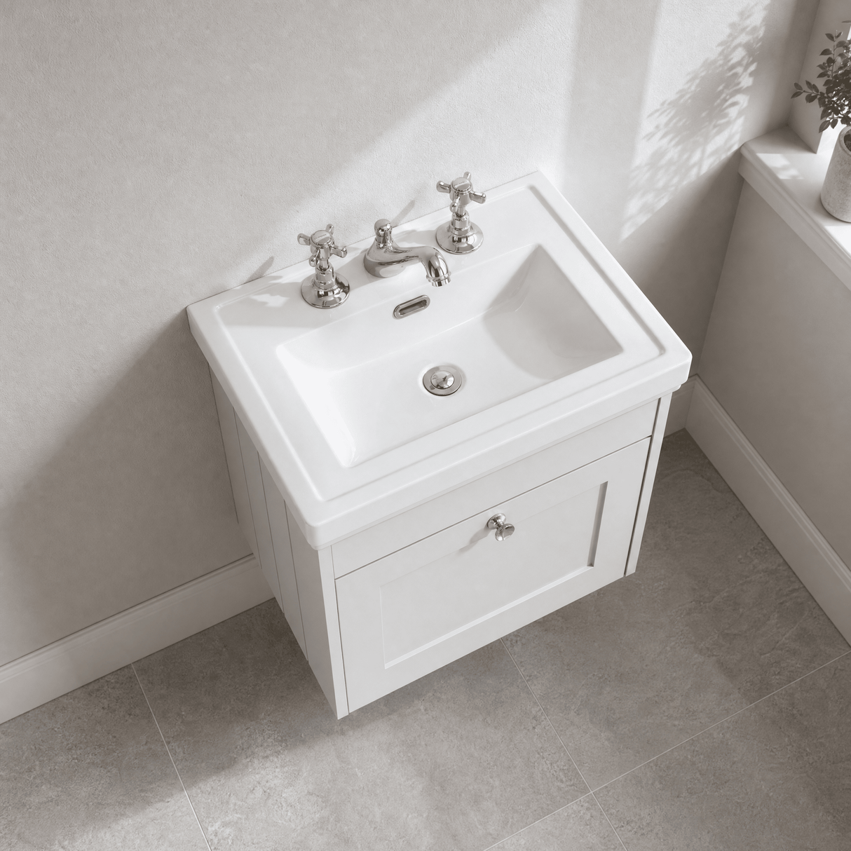 [BFHE191B] Balterley 500mm Wall Hung 1 Drawer Unit with Classic Basin 3 Tap Hole - Satin White - Lifestyle 2