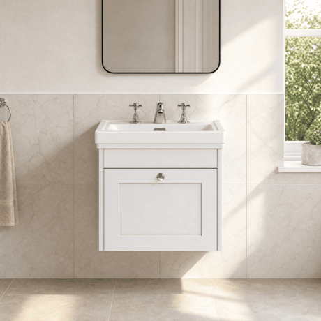 [BFHE191B] Balterley 500mm Wall Hung 1 Drawer Unit with Classic Basin 3 Tap Hole - Satin White - Silo