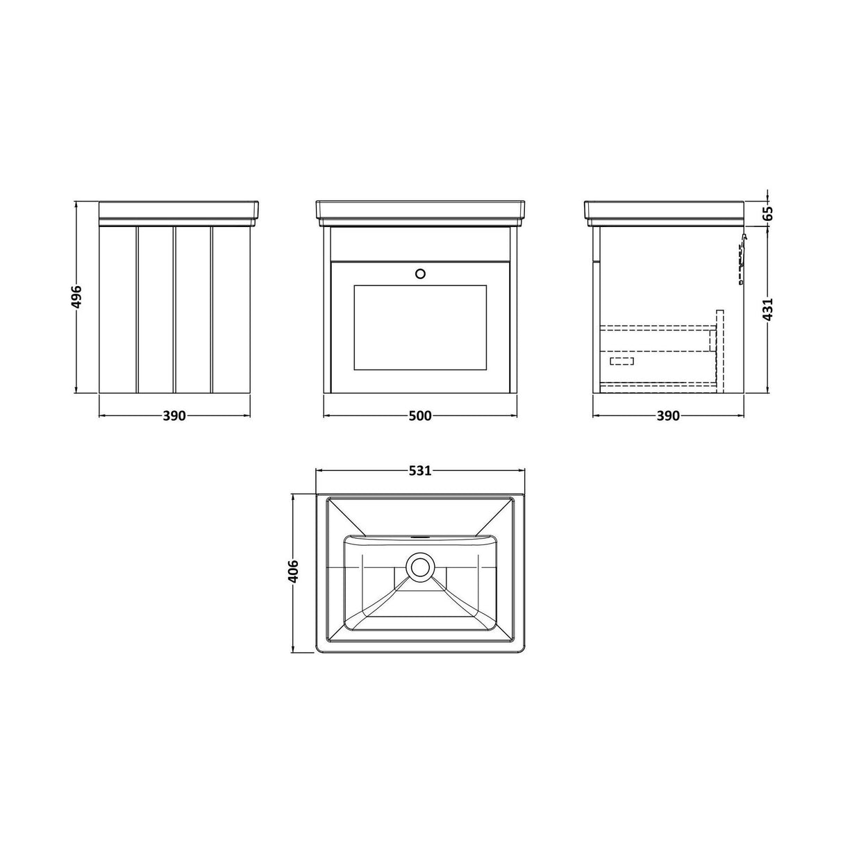 [BFHE191H] Balterley 500mm Wall Hung 1 Drawer Unit with Classic Basin No Tap Hole - Satin White - Technical Drawing