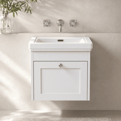 [BFHE191H] Balterley 500mm Wall Hung 1 Drawer Unit with Classic Basin No Tap Hole - Satin White - Lifestyle 1