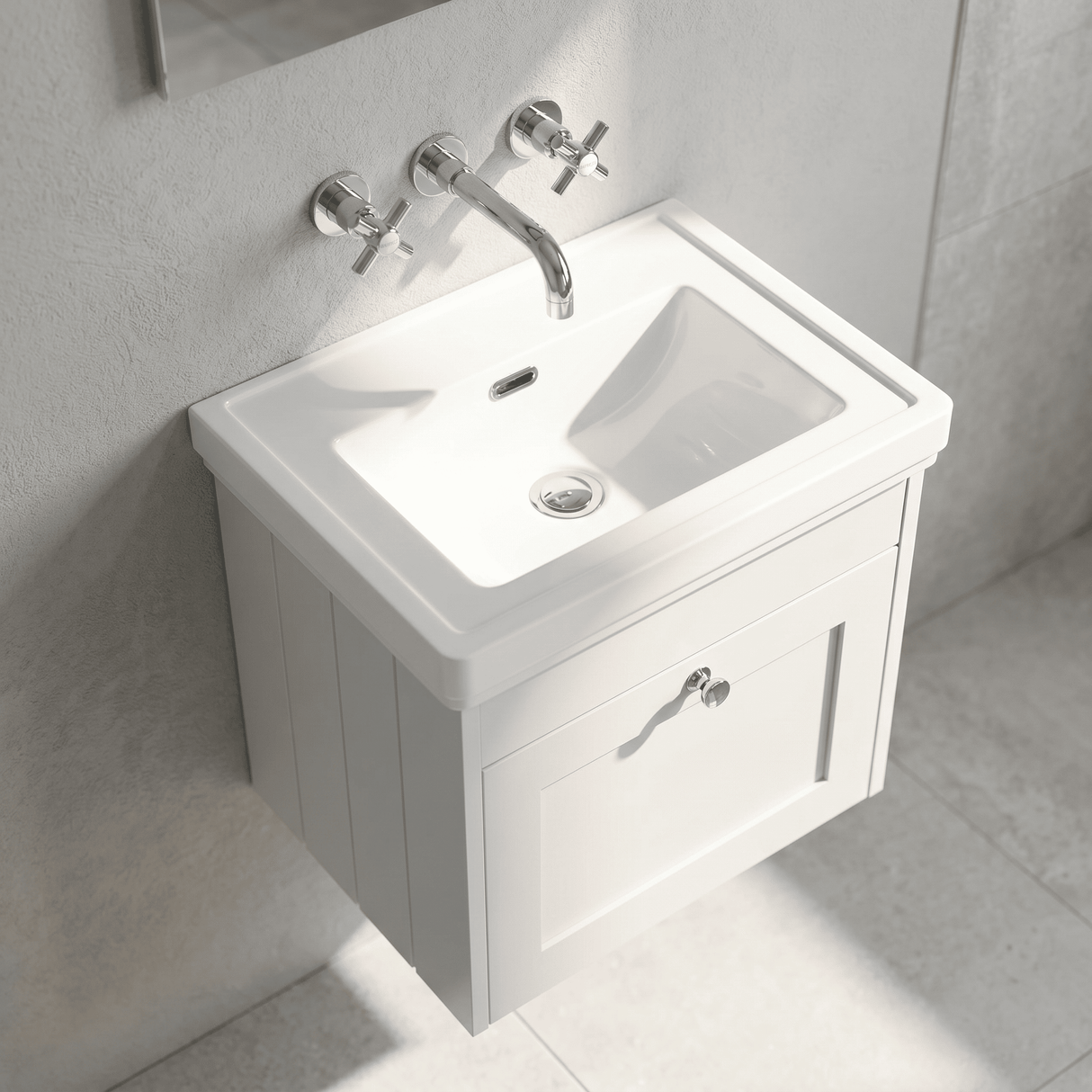 [BFHE191H] Balterley 500mm Wall Hung 1 Drawer Unit with Classic Basin No Tap Hole - Satin White - Lifestyle 2