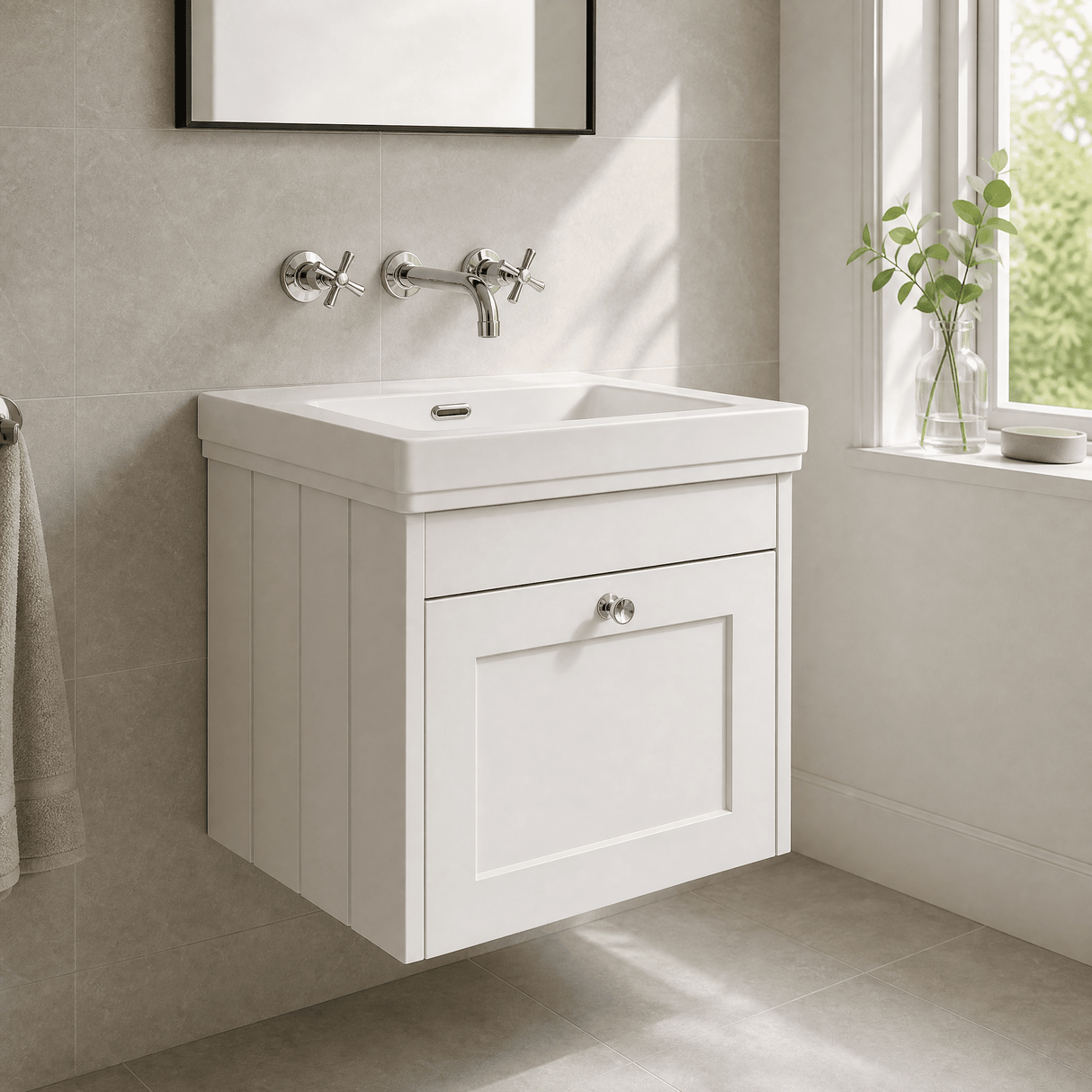 [BFHE191H] Balterley 500mm Wall Hung 1 Drawer Unit with Classic Basin No Tap Hole - Satin White - Lifestyle 3