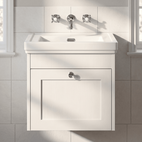 [BFHE191H] Balterley 500mm Wall Hung 1 Drawer Unit with Classic Basin No Tap Hole - Satin White - Silo
