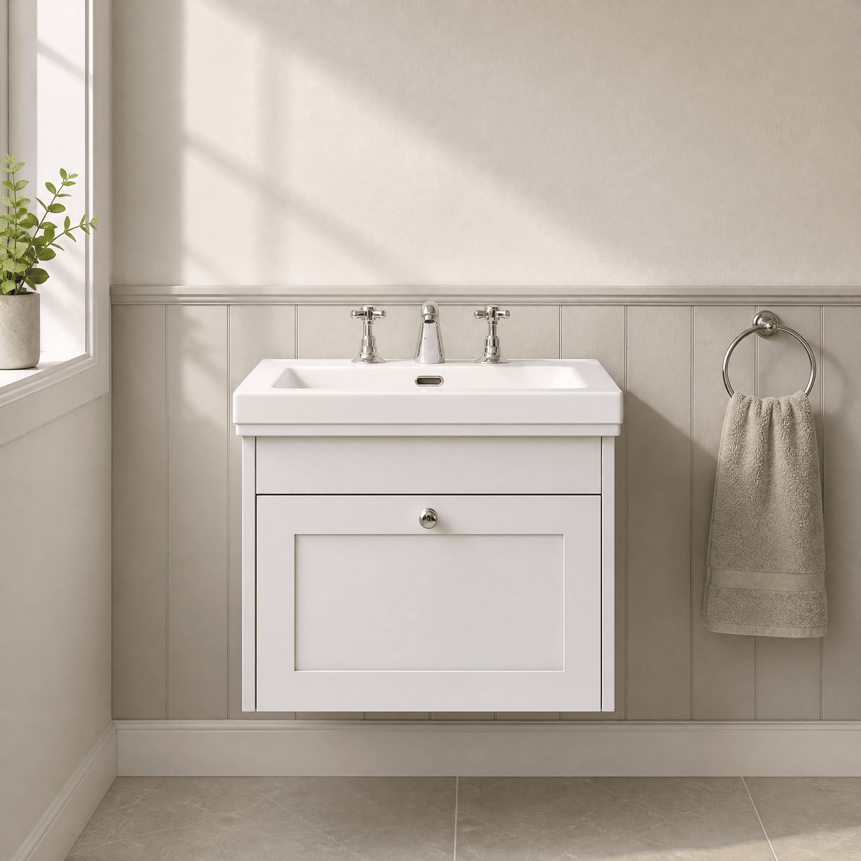 [BFHE194B] Balterley 600mm Wall Hung 1 Drawer Unit with Classic Basin 3 Tap Hole - Satin White - Lifestyle 1