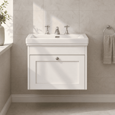[BFHE194B] Balterley 600mm Wall Hung 1 Drawer Unit with Classic Basin 3 Tap Hole - Satin White - Silo