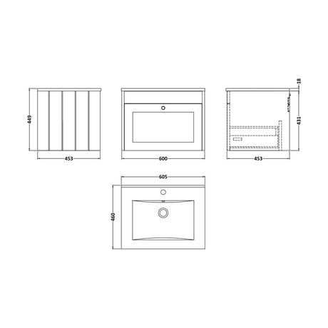 [BFHE194C] Balterley 600mm Wall Hung 1 Drawer Unit with Minimalist Basin 1 Tap Hole - Satin White - Technical Drawing