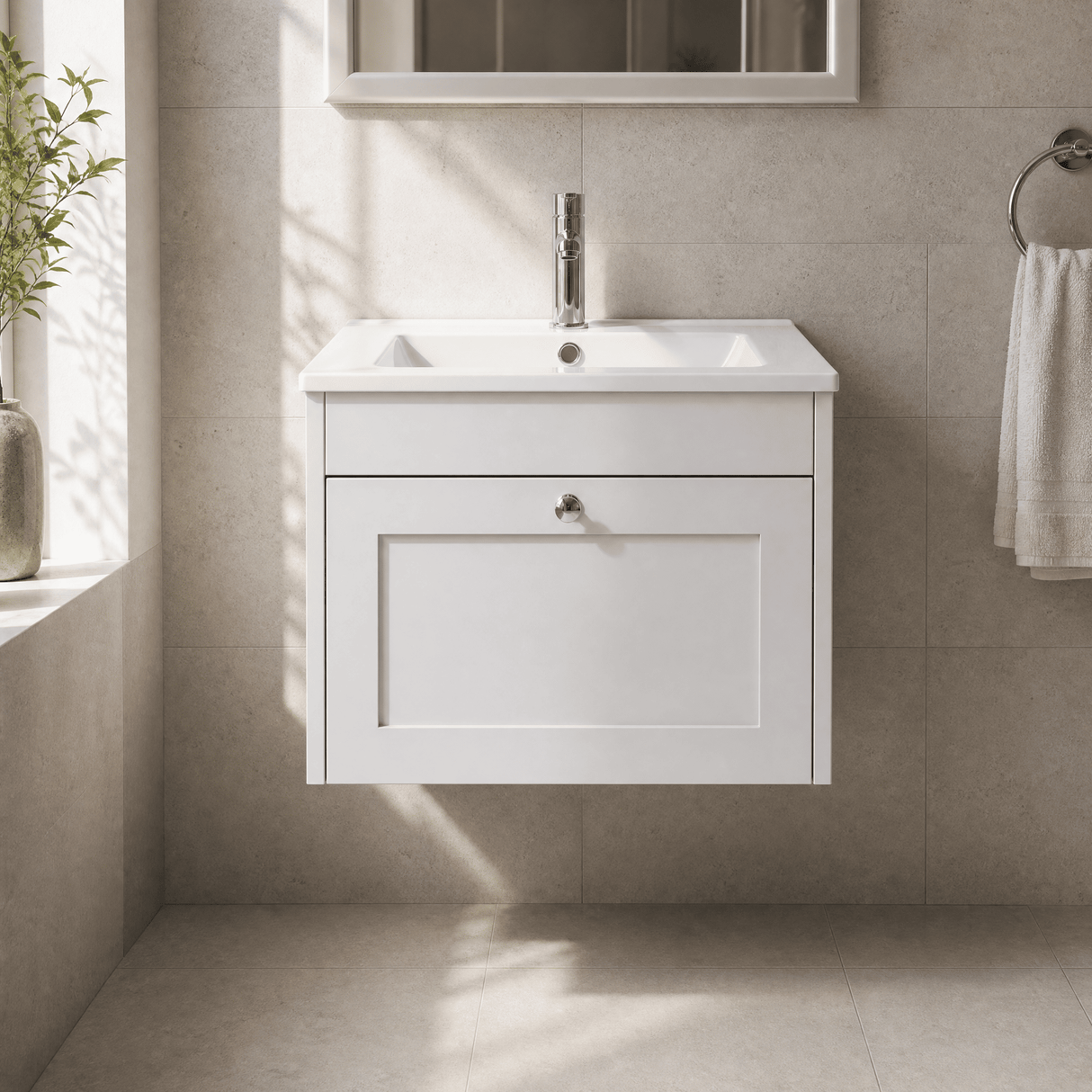 [BFHE194C] Balterley 600mm Wall Hung 1 Drawer Unit with Minimalist Basin 1 Tap Hole - Satin White - Lifestyle 1