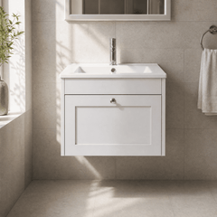 [BFHE194C] Balterley 600mm Wall Hung 1 Drawer Unit with Minimalist Basin 1 Tap Hole - Satin White - Lifestyle 1