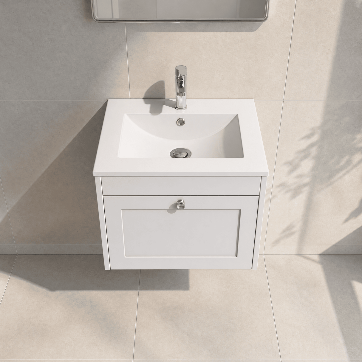[BFHE194C] Balterley 600mm Wall Hung 1 Drawer Unit with Minimalist Basin 1 Tap Hole - Satin White - Lifestyle 2