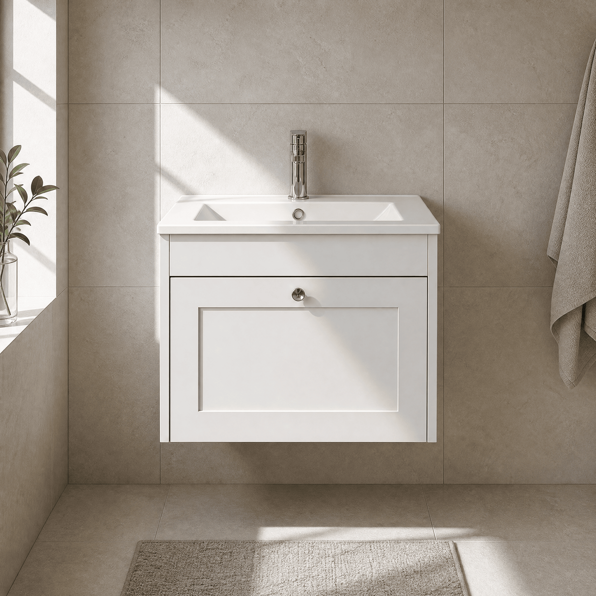 [BFHE194C] Balterley 600mm Wall Hung 1 Drawer Unit with Minimalist Basin 1 Tap Hole - Satin White - Silo