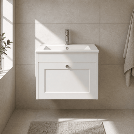 [BFHE194C] Balterley 600mm Wall Hung 1 Drawer Unit with Minimalist Basin 1 Tap Hole - Satin White - Silo