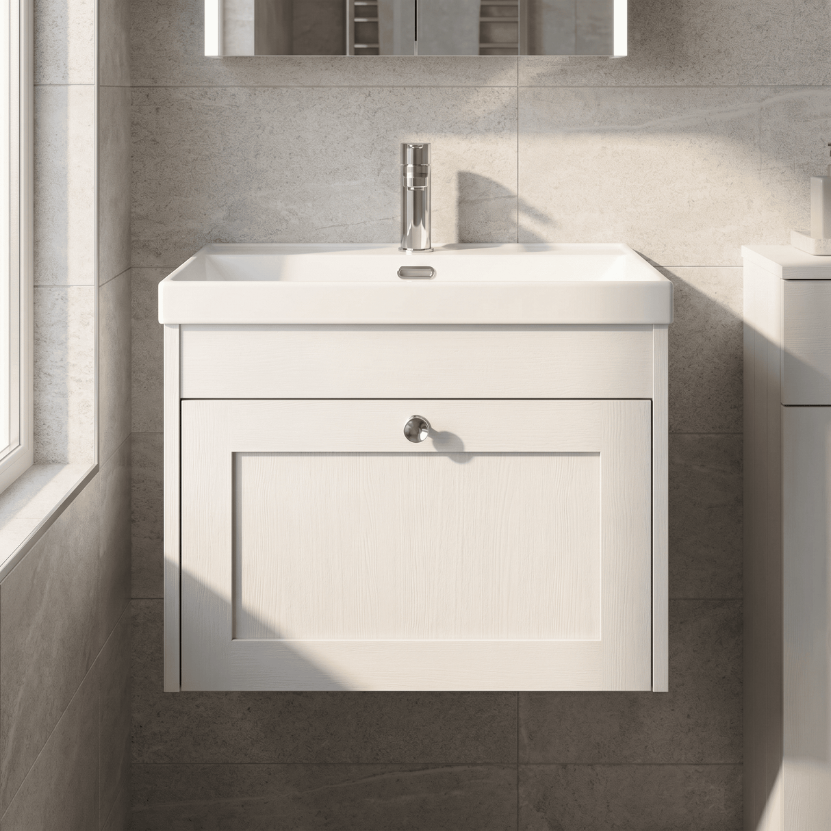 [BFHE194E] Balterley 600mm Wall Hung 1 Drawer Unit with Thin Edge Basin 1 Tap Hole - Satin White - Lifestyle 1