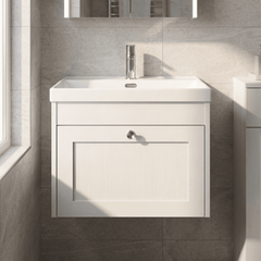 [BFHE194E] Balterley 600mm Wall Hung 1 Drawer Unit with Thin Edge Basin 1 Tap Hole - Satin White - Lifestyle 1