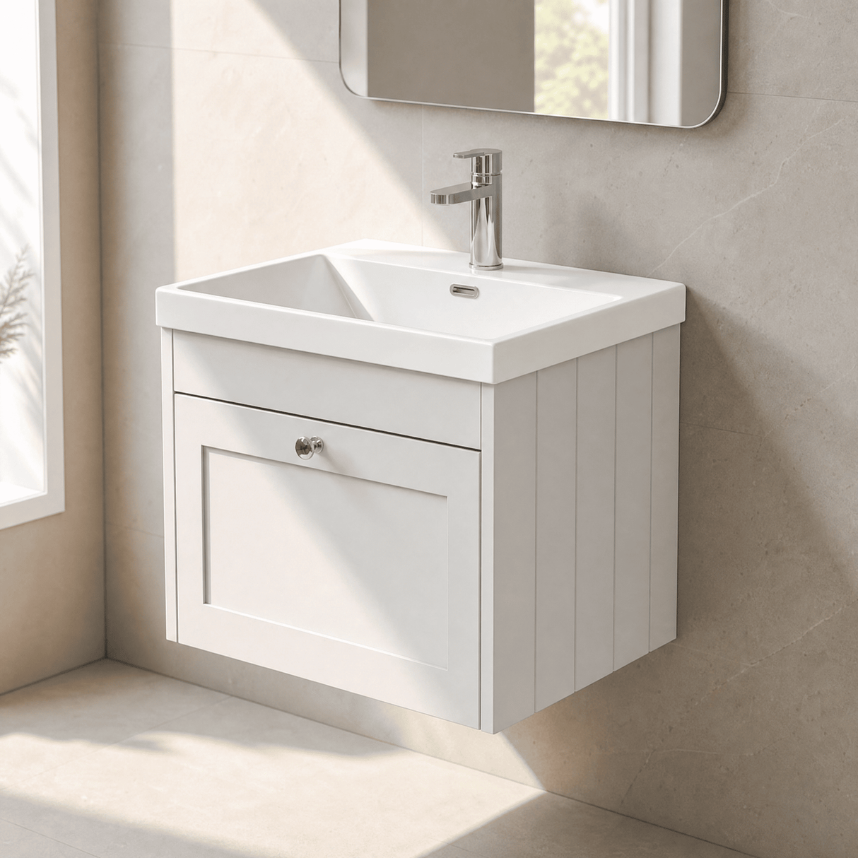 [BFHE194E] Balterley 600mm Wall Hung 1 Drawer Unit with Thin Edge Basin 1 Tap Hole - Satin White - Lifestyle 3