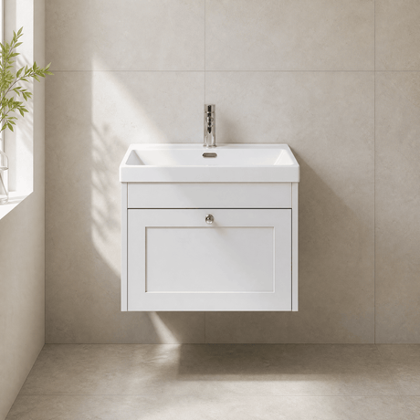 [BFHE194E] Balterley 600mm Wall Hung 1 Drawer Unit with Thin Edge Basin 1 Tap Hole - Satin White - Silo