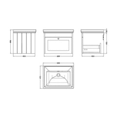 [BFHE194H] Balterley 600mm Wall Hung 1 Drawer Unit with Classic Basin No Tap Hole - Satin White - Technical Drawing