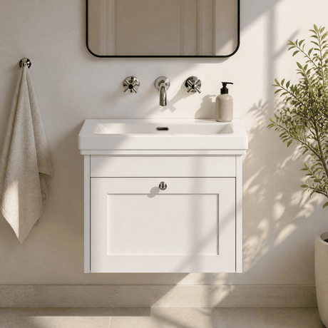[BFHE194H] Balterley 600mm Wall Hung 1 Drawer Unit with Classic Basin No Tap Hole - Satin White - Silo